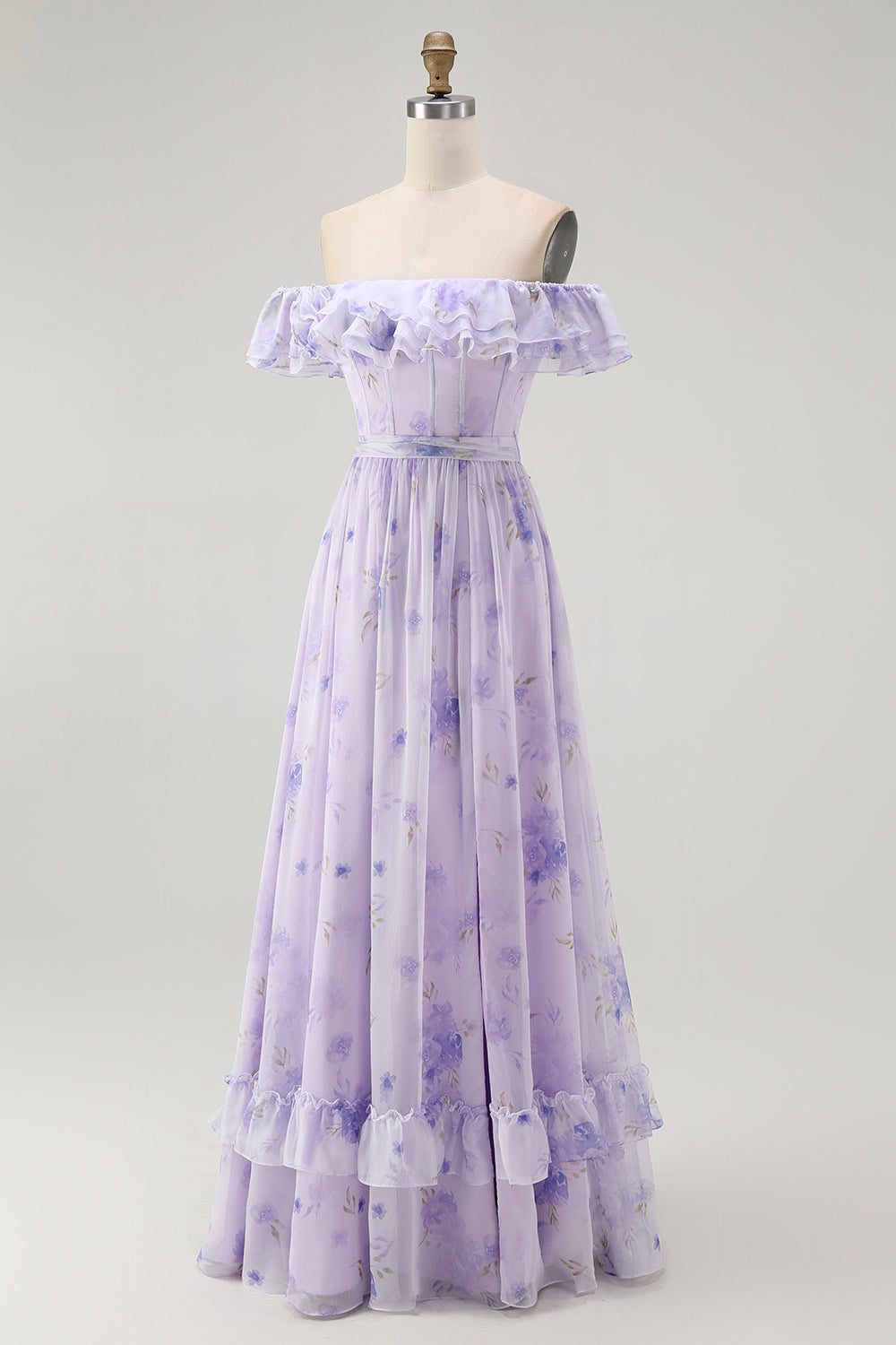 Lavender Floral Ruffled Off The Shoulder A Line Bridesmaid Dress