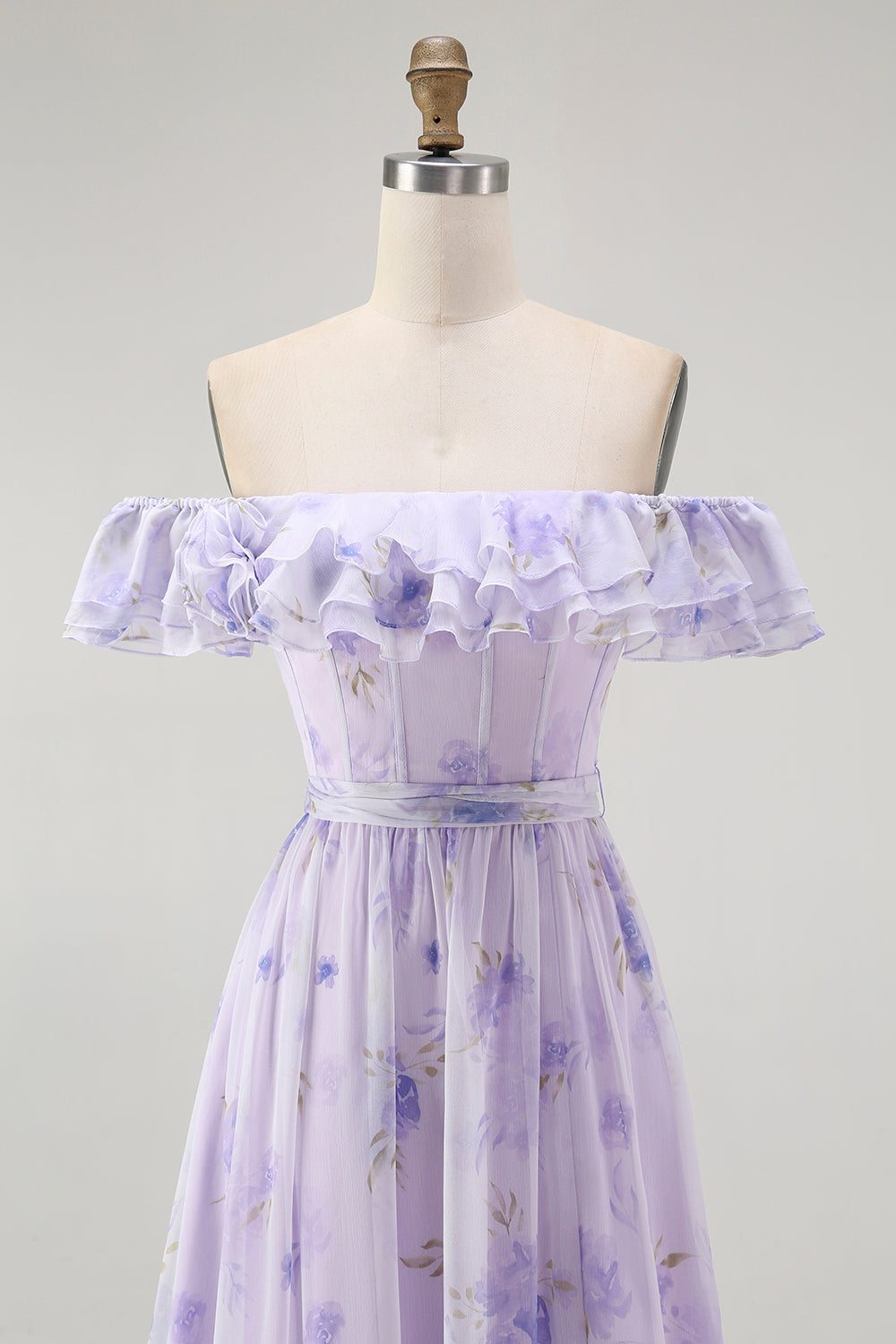 Lavender Floral Ruffled Off The Shoulder A Line Bridesmaid Dress