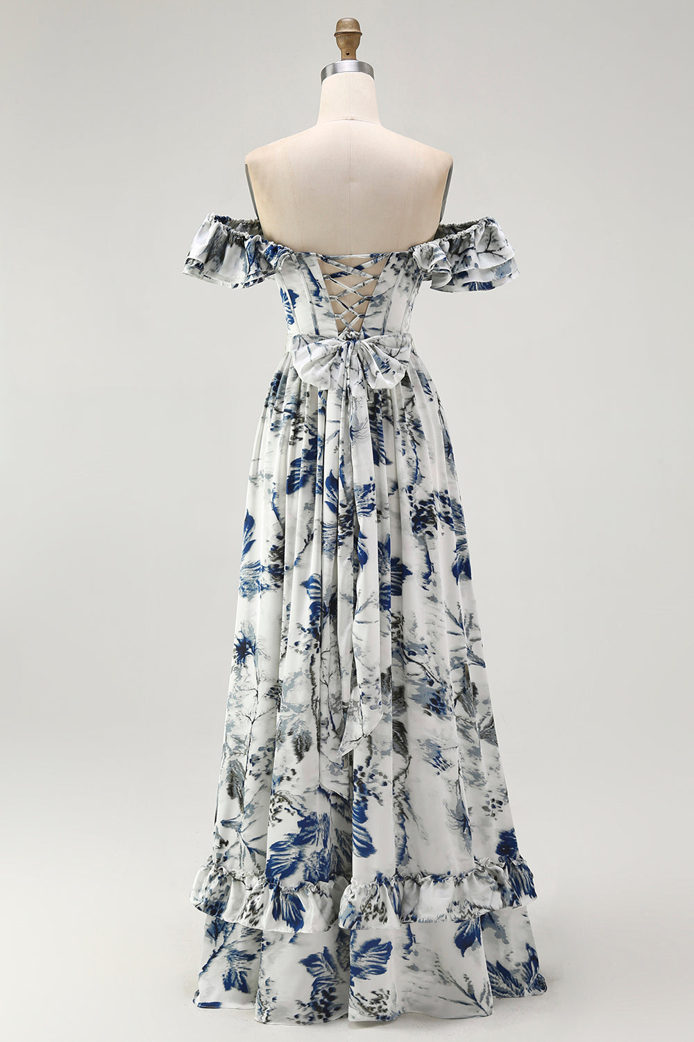 Blue Floral Ruffled Off The Shoulder A Line Bridesmaid Dress