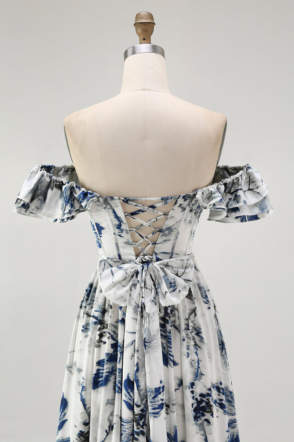 Blue Floral Ruffled Off The Shoulder A Line Bridesmaid Dress