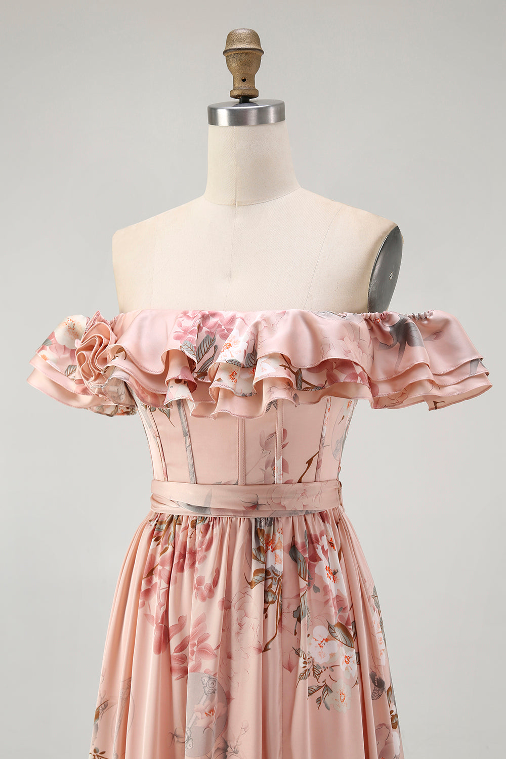 Blush Floral Off The Shoulder A Line Ruffled Bridesmaid Dress