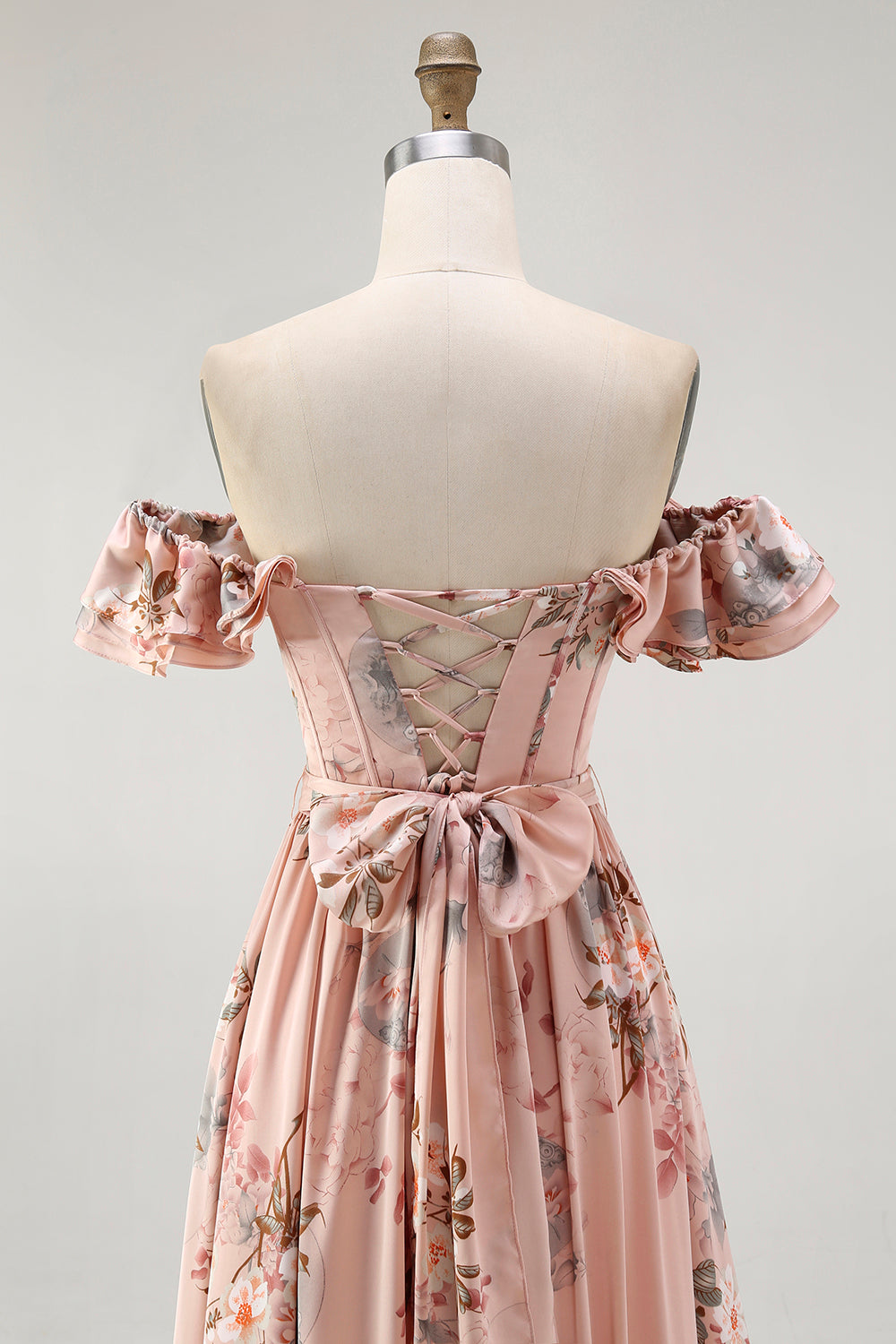 Blush Floral Off The Shoulder A Line Ruffled Bridesmaid Dress