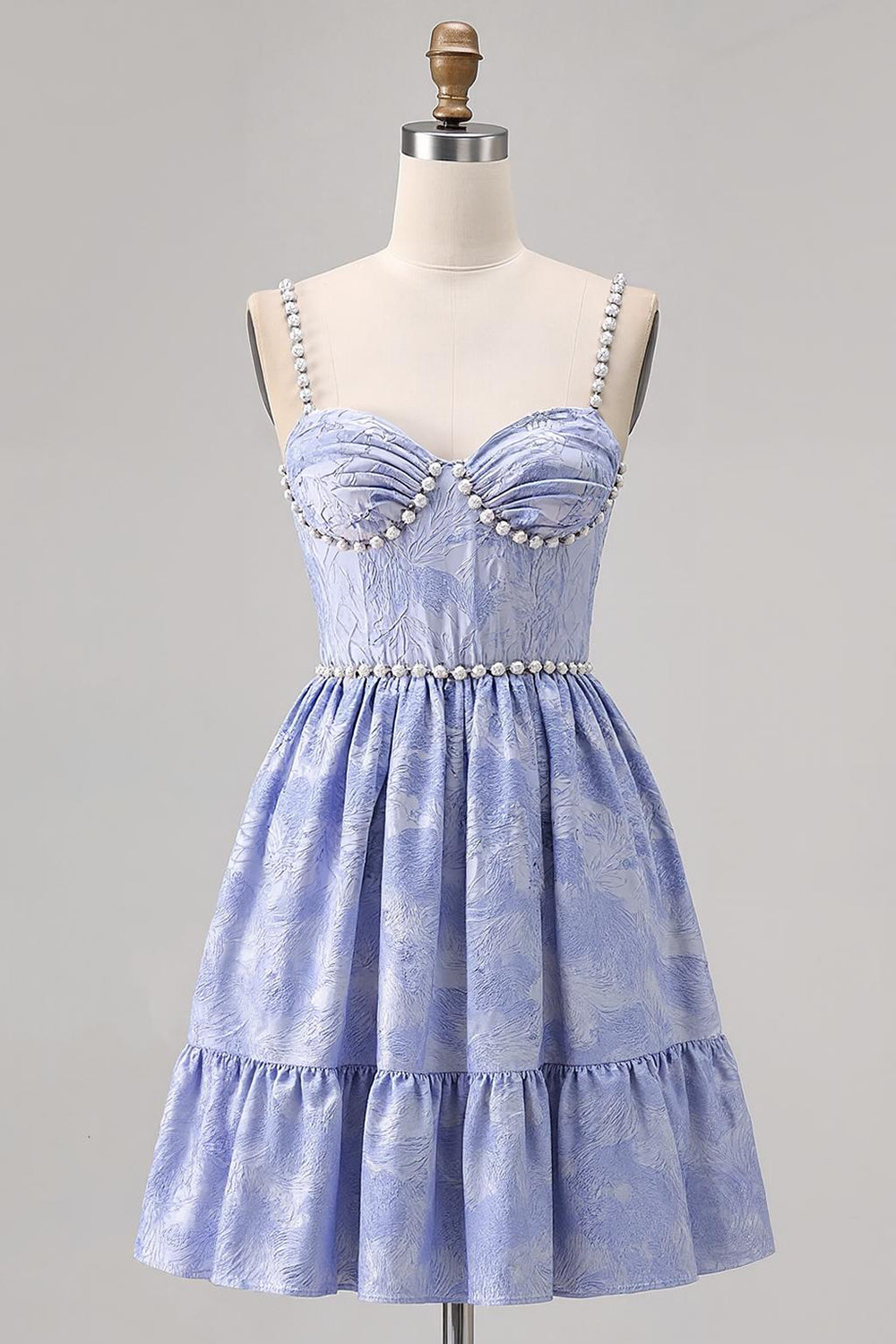 Blue Spaghetti Straps Brocade Beaded A Line Homecoming Dress