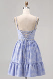 Blue Spaghetti Straps Brocade Beaded A Line Homecoming Dress