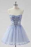Sparkly Lavender Strapless Beaded A Line Homecoming Dress with Lace Up Back