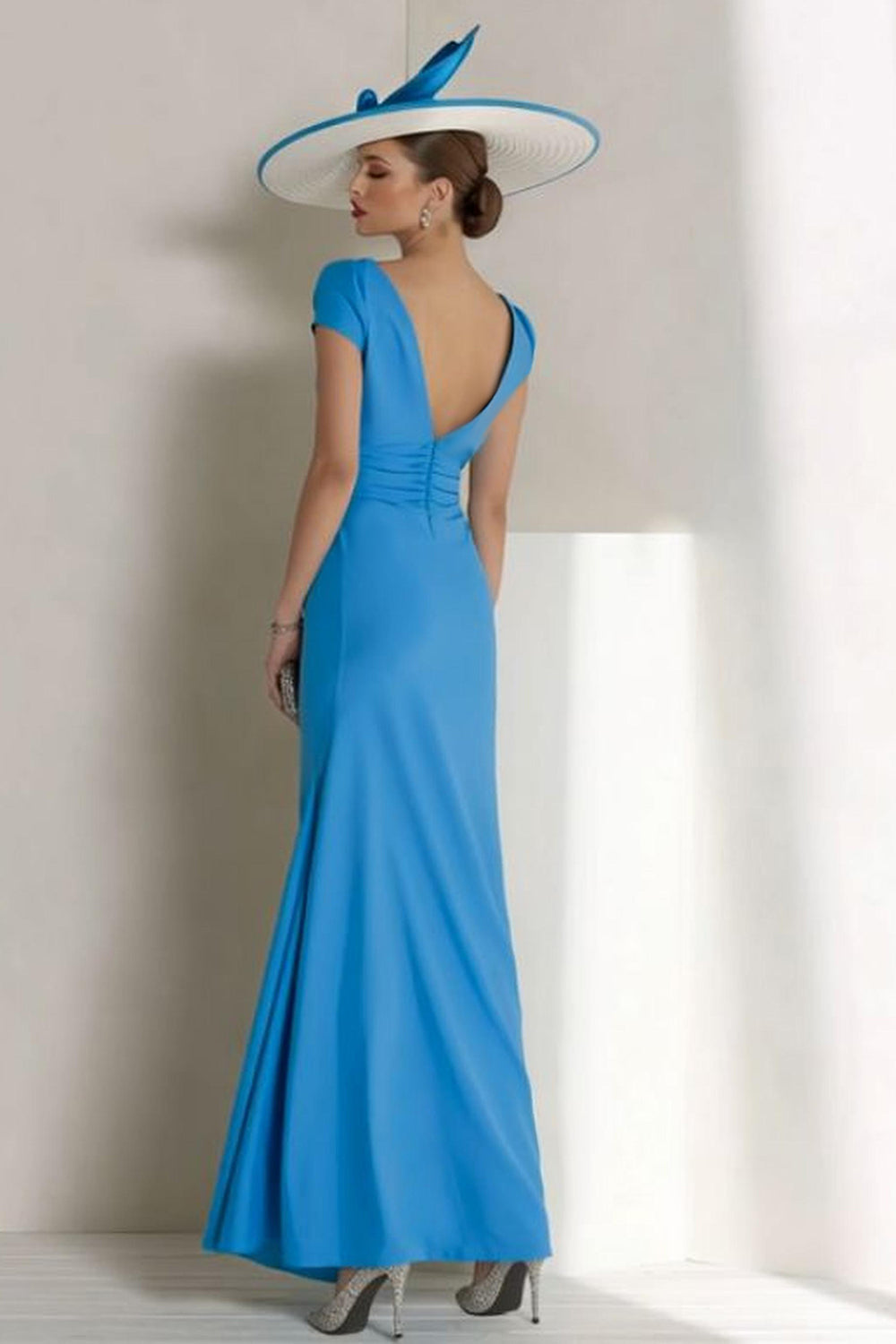 Blue Chiffon Sheath Bateau Ruched Mother of the Bride Dress
