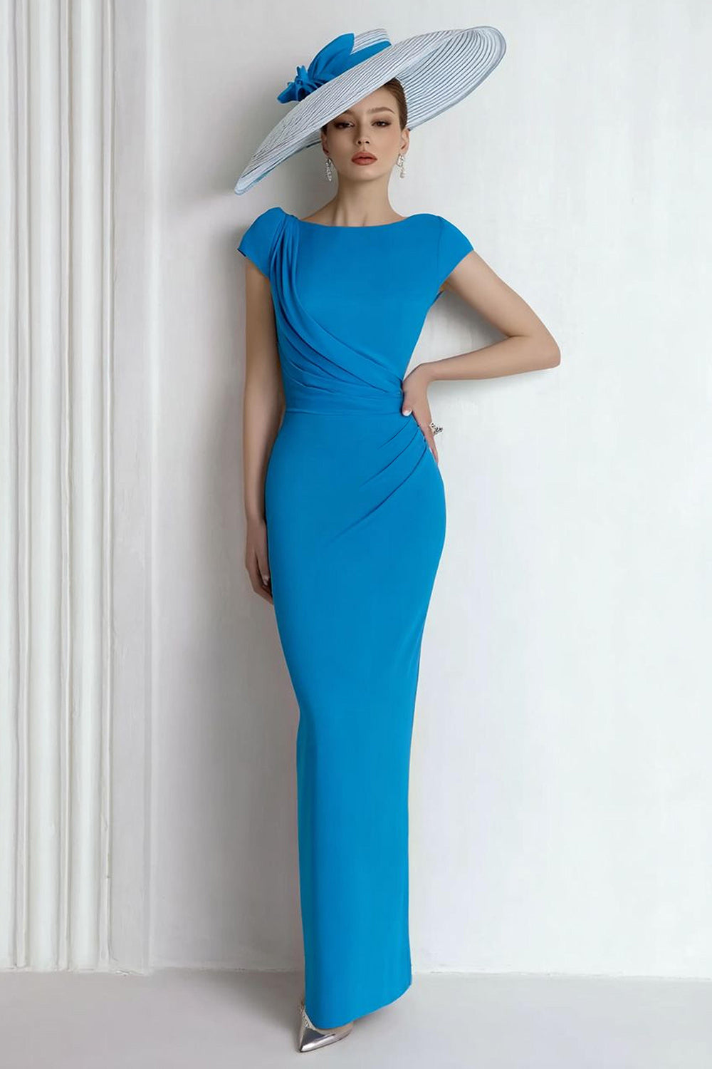 Sheath Chiffon Blue Bateau Mother of the Bride Dress with Cap Sleeves
