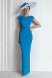 Sheath Chiffon Blue Bateau Mother of the Bride Dress with Cap Sleeves