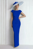 Sheath Chiffon Blue Bateau Mother of the Bride Dress with Cap Sleeves