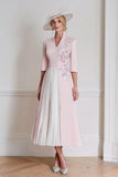 Candy Pink A Line Satin V Neck Pleated Mother of the Bride Dress