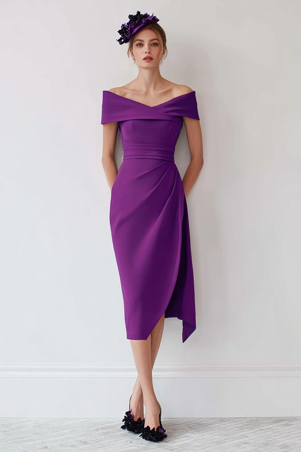 Grape Off the Shoulder Sheath Mother of the Bride Dress with Slit