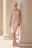 Blush Pink Illusion Boat Neck Satin Midi Mother of the Bride Dress with Lace