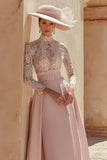 Candy Pink A Line High Neck Long Mother of the Bride Dress with Lace