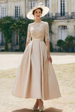 Blush Pink A Line Satin Long Mother of the Bride Dress with Lace