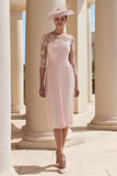 Blush Pink Chiffon Illusion Boat Neck Pleated Midi Mother of the Bride Dress with Lace
