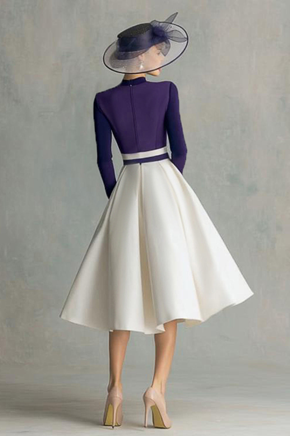 Plum Satin A Line High Neck Midi Mother of the Bride Dress with Sleeves