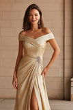 Champagne Metallic Off the Shoulder Long Mother of the Bride Dress with Slit