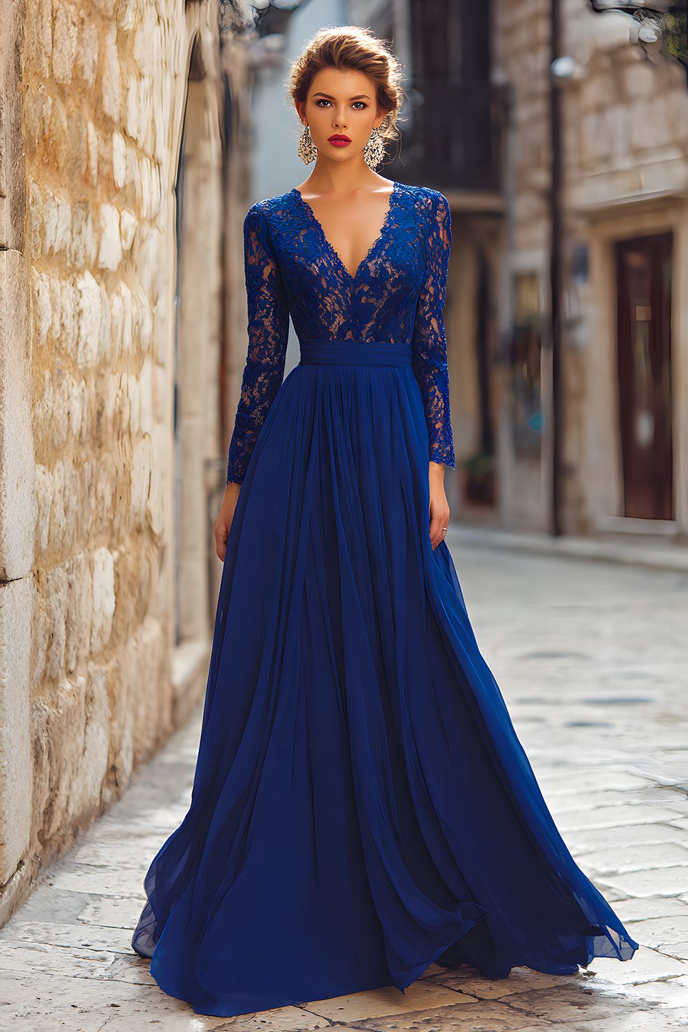 Dark Blue Chiffon V-Neck Long Sleeves Mother of the Bride Dress with Lace