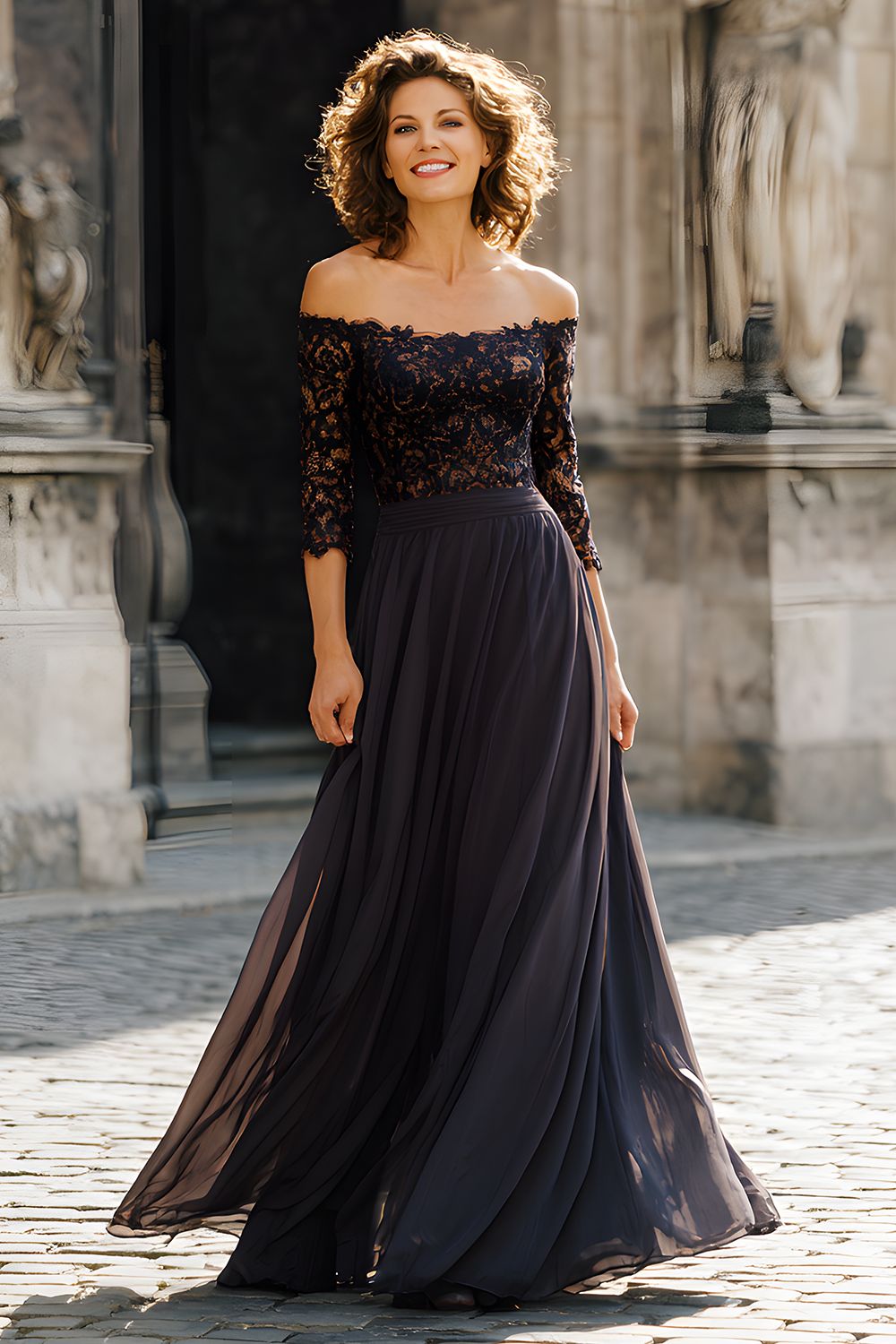 Black Off the Shoulder Chiffon Long Mother of the Bride Dress with Lace