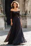 Black Off the Shoulder Chiffon Long Mother of the Bride Dress with Lace