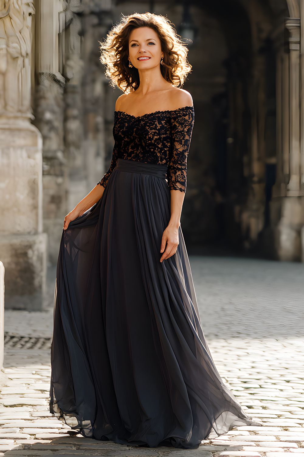 Black Off the Shoulder Chiffon Long Mother of the Bride Dress with Lace