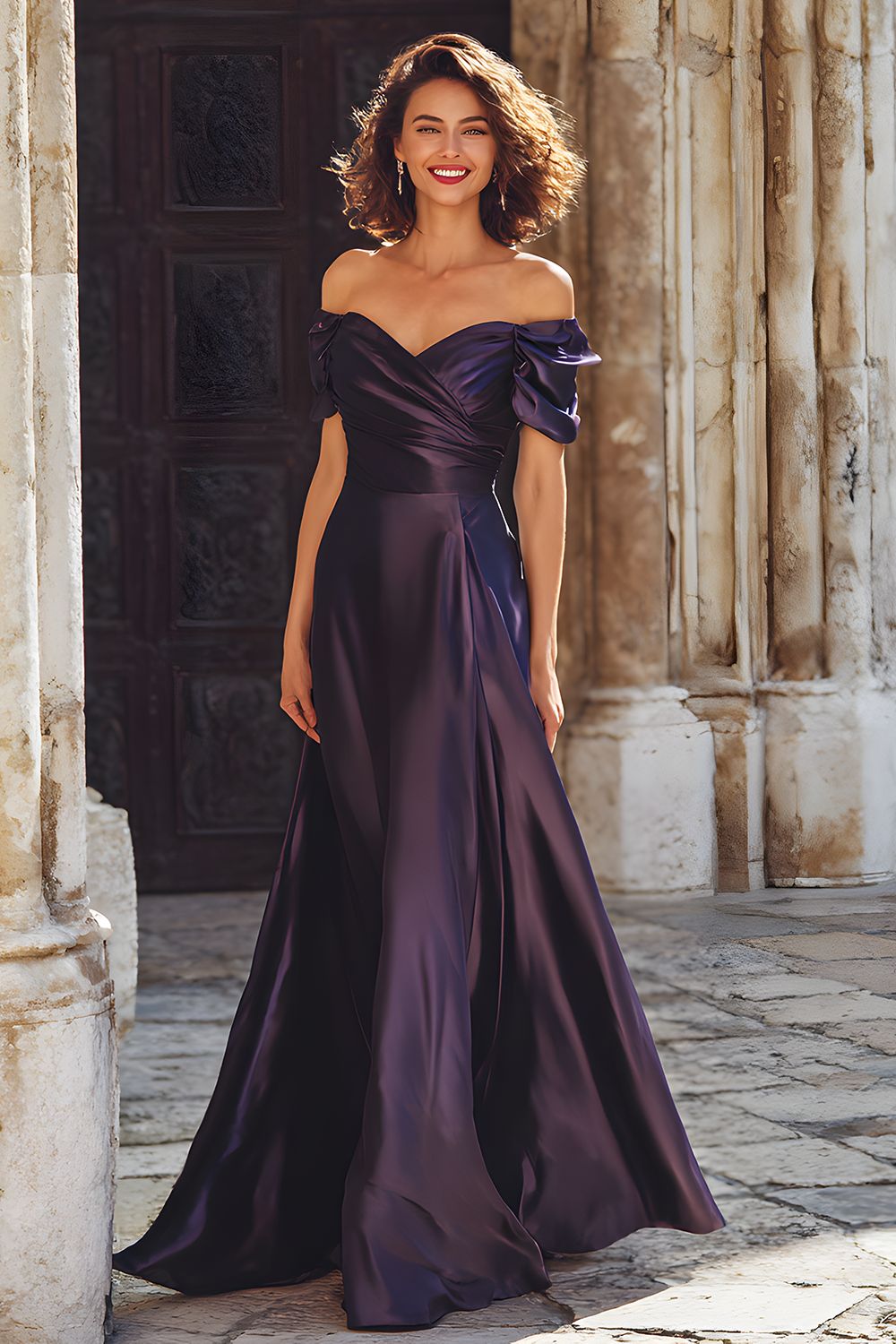 Plum Sheath Satin Off the Shoulder Long Mother of the Bride Dress