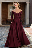 Plum Off the Shoulder Taffeta A Line Long Sleeve Mother of the Bride Dress