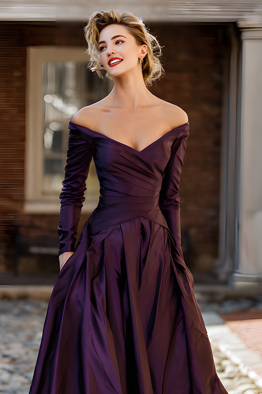 Plum Off the Shoulder Taffeta A Line Long Sleeve Mother of the Bride Dress