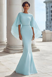 Light Blue Mermaid Beaded Round Neck Maxi Mother of the Bride Dress with Cape