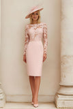 Blush Pink Sheath Boat Neck Midi Mother of the Bride Dress with Lace