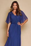 Dark Blue A Line Flowy V-Neck Maxi Mother of the Bride Dress with Sleeves