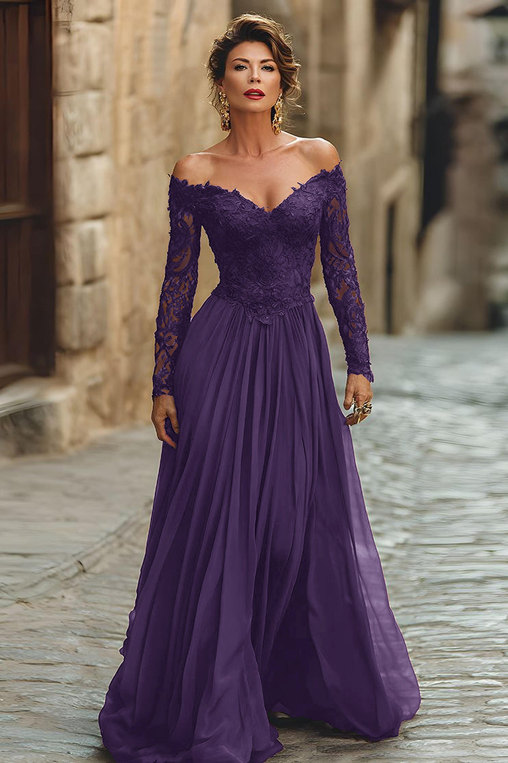 A Line Cabernet Off the Shoulder Maxi Mother of the Bride Dress with Lace