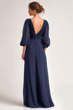 Navy Long V-Neck A Line Mother of the Bride Dress with Sleeves