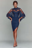 Navy Bodycon Round Neck Ruched Short Mother of the Bride Dress with Appliques