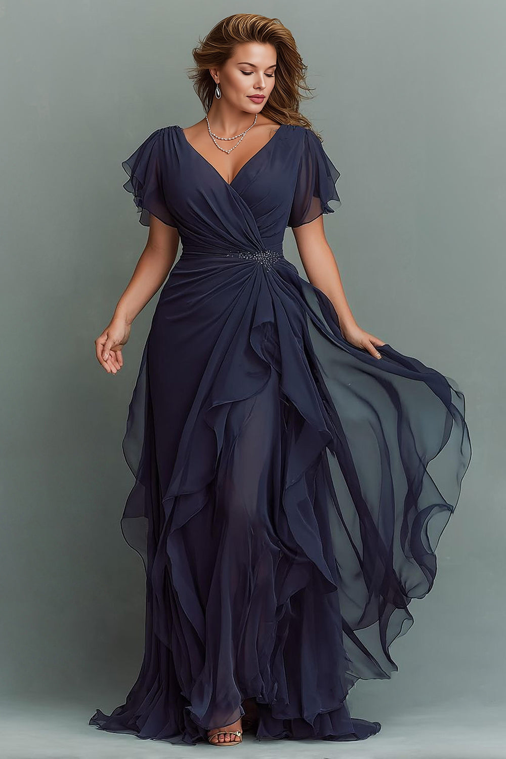 Navy V-Neck Maxi Mother of the Bride Dress with Ruffles