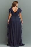 Navy V-Neck Maxi Mother of the Bride Dress with Ruffles