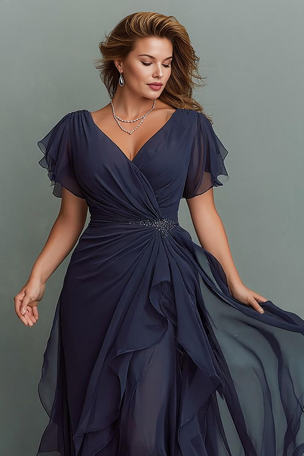 Navy V-Neck Maxi Mother of the Bride Dress with Ruffles