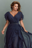 Navy V-Neck Maxi Mother of the Bride Dress with Ruffles