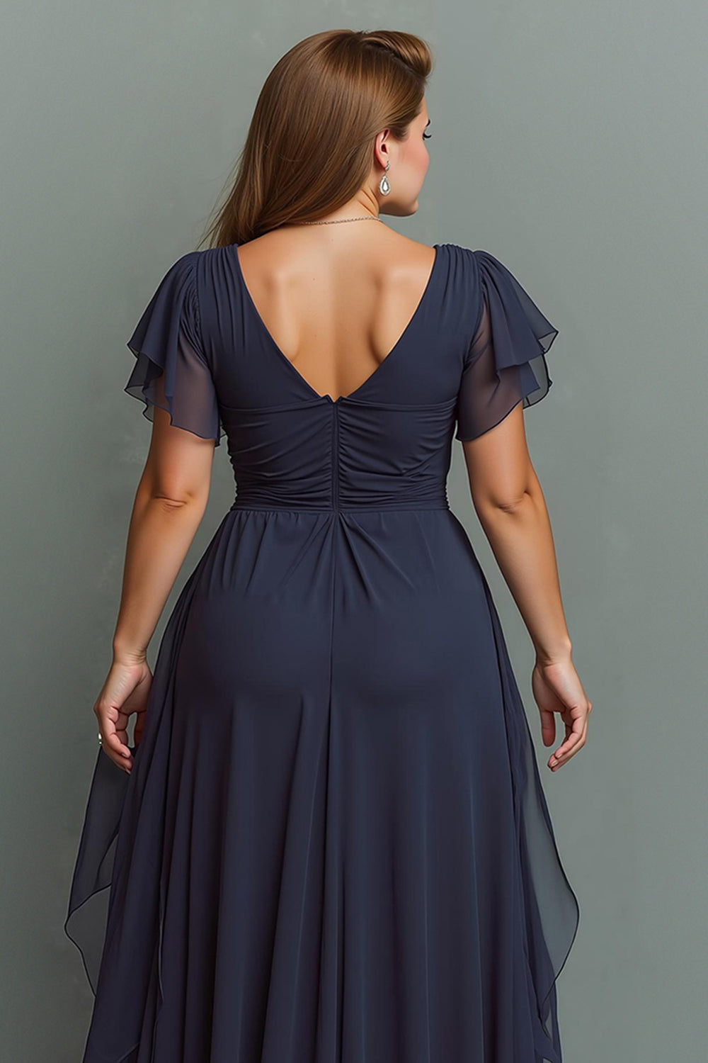 Navy V-Neck Maxi Mother of the Bride Dress with Ruffles