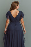 Navy V-Neck Maxi Mother of the Bride Dress with Ruffles