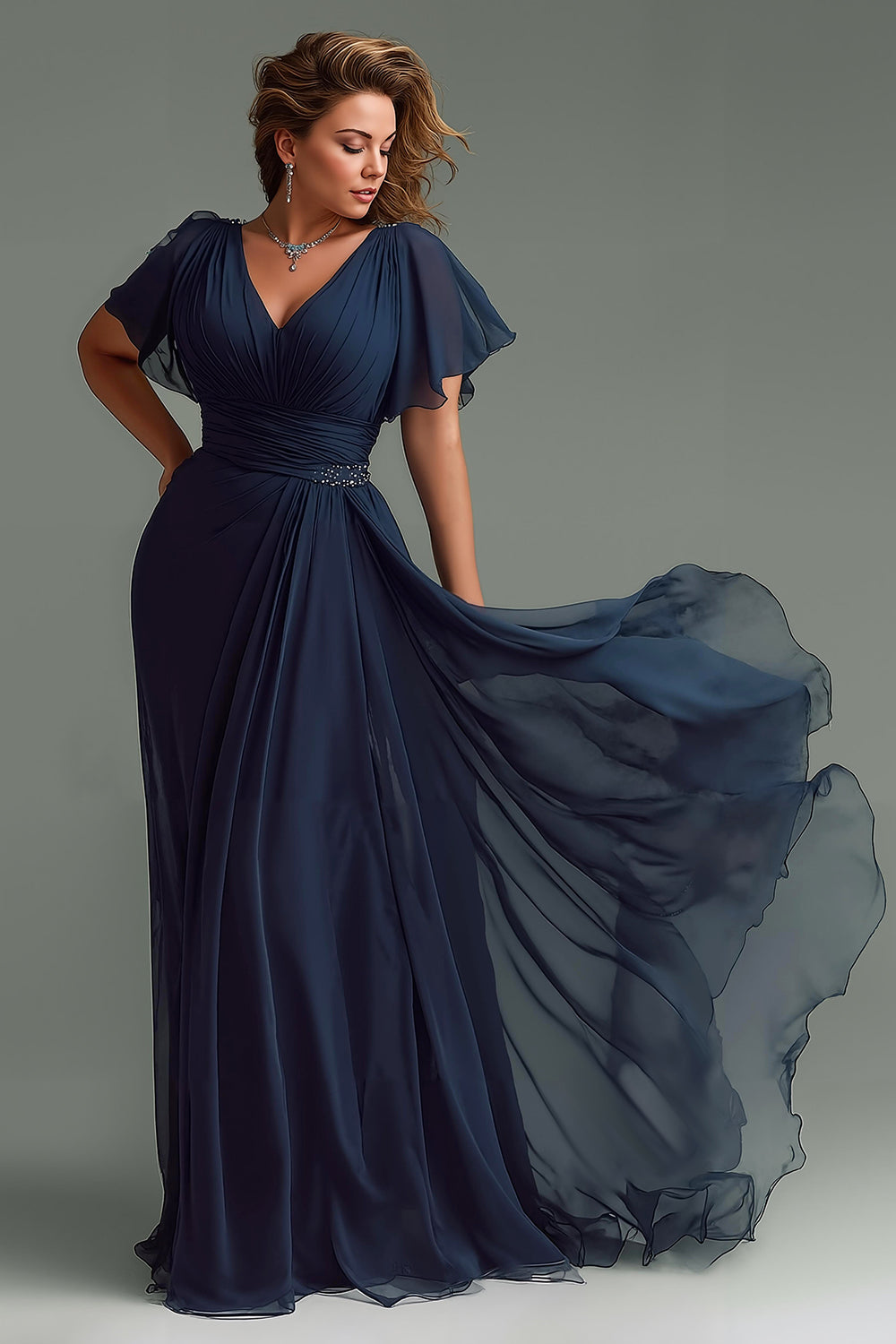 Navy A Line V-Neck Chiffon Long Mother of the Bride Dress