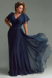 Navy A Line V-Neck Chiffon Long Mother of the Bride Dress