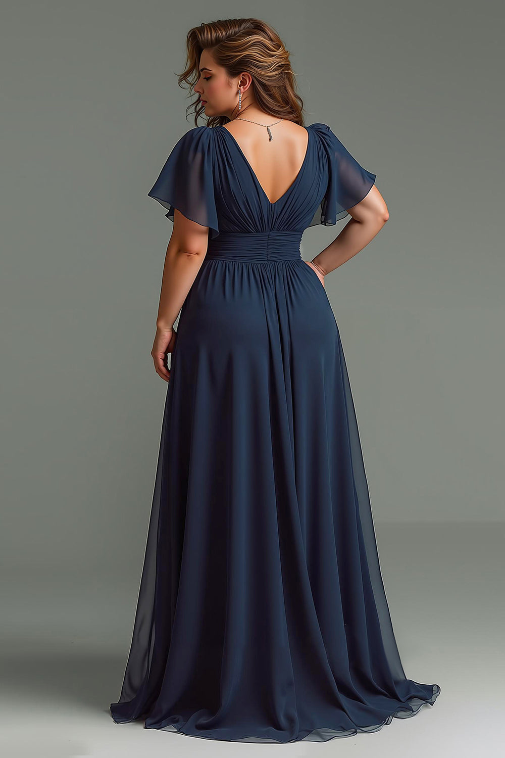 Navy A Line V-Neck Chiffon Long Mother of the Bride Dress