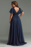 Navy A Line V-Neck Chiffon Long Mother of the Bride Dress