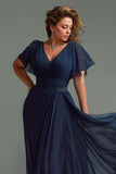Navy A Line V-Neck Chiffon Long Mother of the Bride Dress
