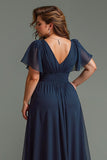 Navy A Line V-Neck Chiffon Long Mother of the Bride Dress
