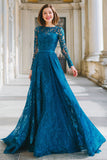 Ink Blue Appliques Round Neck A Line Long Mother of the Bride Dress