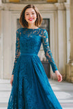 Ink Blue Appliques Round Neck A Line Long Mother of the Bride Dress
