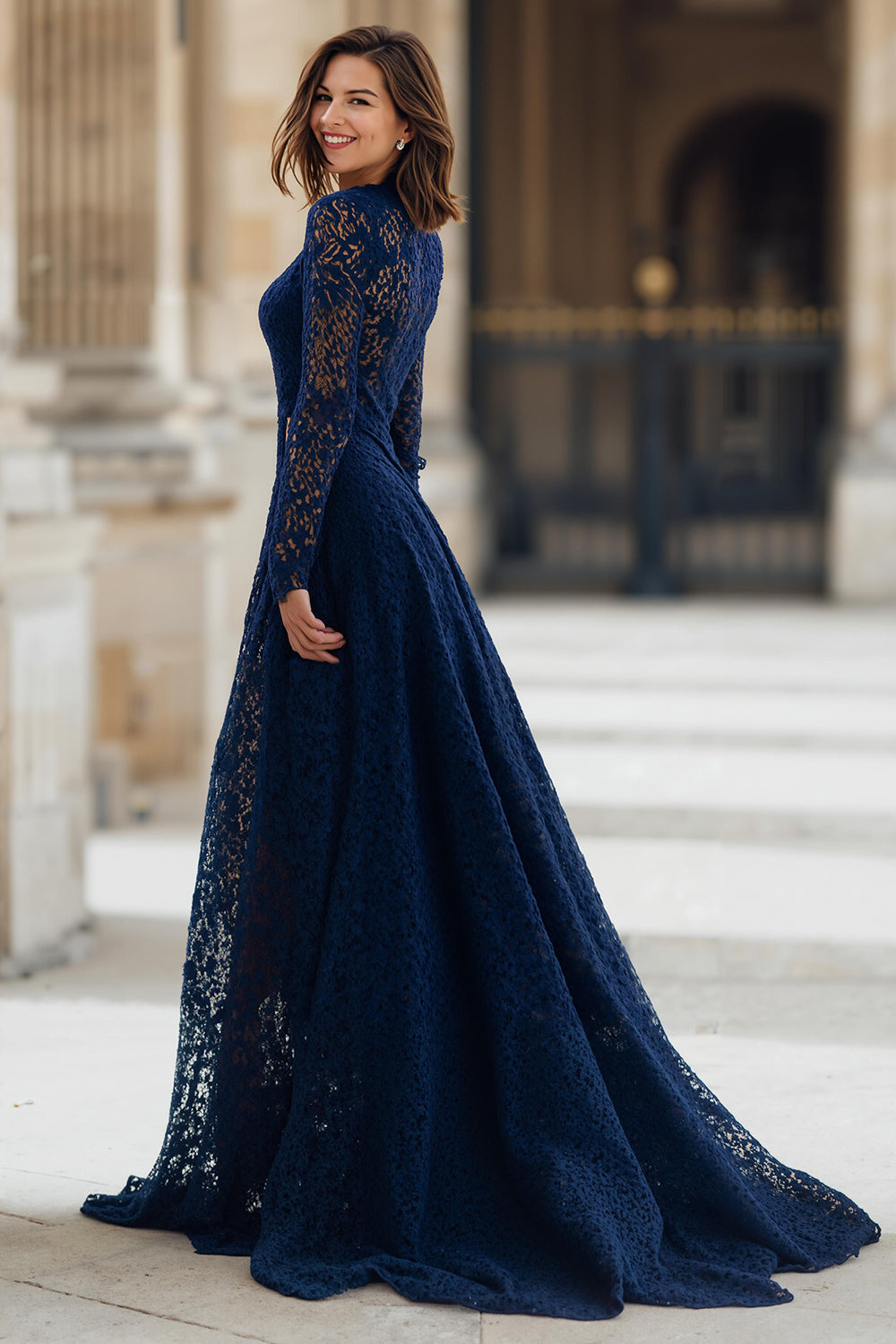 Navy High Neck Lace A-Line Long Mother of the Bride Dress with Sleeves