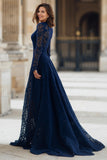 Navy High Neck Lace A-Line Long Mother of the Bride Dress with Sleeves